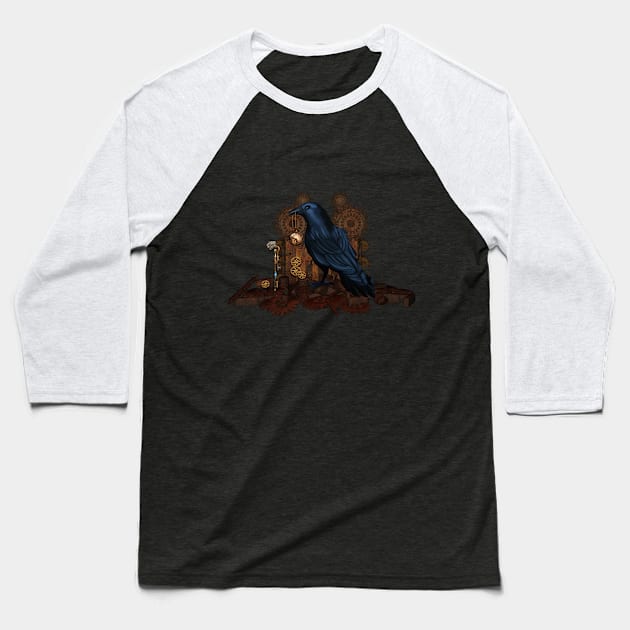 Steampunk cute crow with clock and gears Baseball T-Shirt by Nicky2342